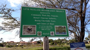 Official sign of La'ie Wetland, south of St. Theresa Church on South Kihei Road.